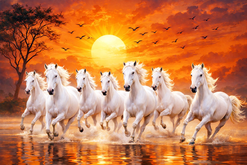 RSB HUB 19 inch 45 cm 7 Running Horses for Lucky Vastu 45cmX30cm Paper Print (Without Frame) Self Adhesive Sticker(Pack of 1)