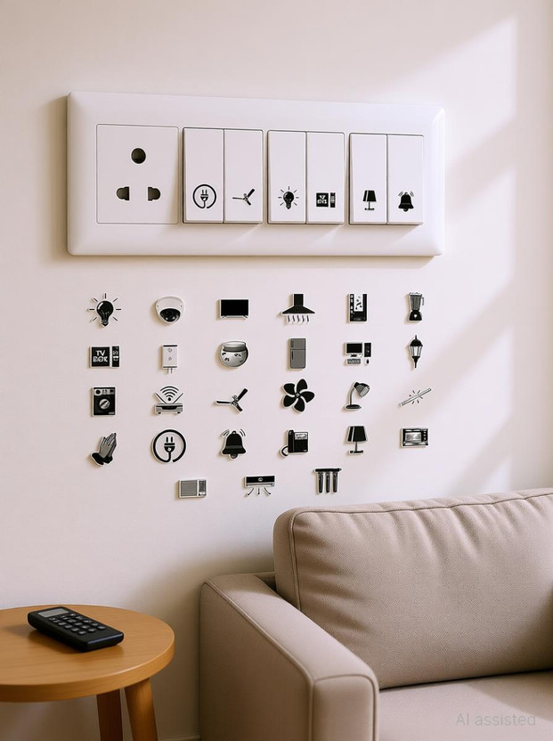 Stikor 1.5 cm Switch Sticker For Electric Board Appliances Including 27 Designs Self Adhesive Sticker(Pack of 495)