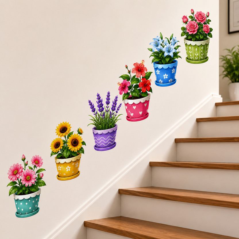 ABDESIGN 90 cm Colorful Flower Pot Stair Wall Sticker | 6-Piece Floral Plant Wall Decal Self Adhesive Sticker(Pack of 6)
