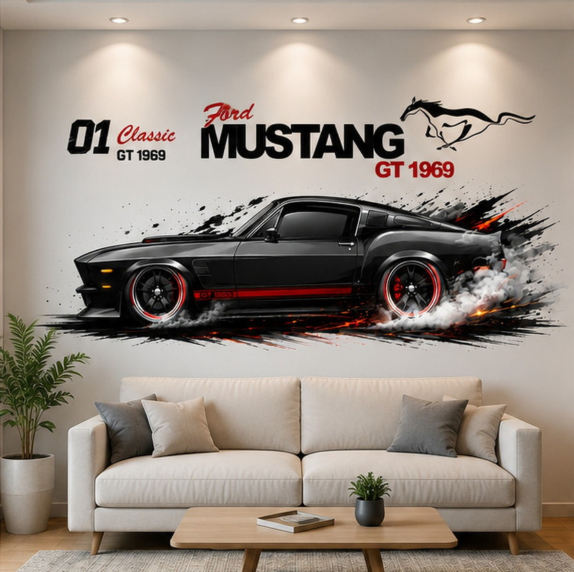 ABDESIGN 80 cm GT 1969 Classic Muscle Car Wall Sticker | Black & Red Racing Smoke Design Self Adhesive Sticker(Pack of 1)