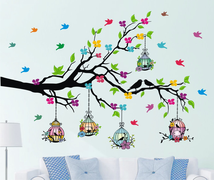 Heaven Decors 127 cm Colorful Birdcage On Tree Branches - Flower- Sticker ( ideal size - Large ) Self Adhesive Sticker(Pack of 1)