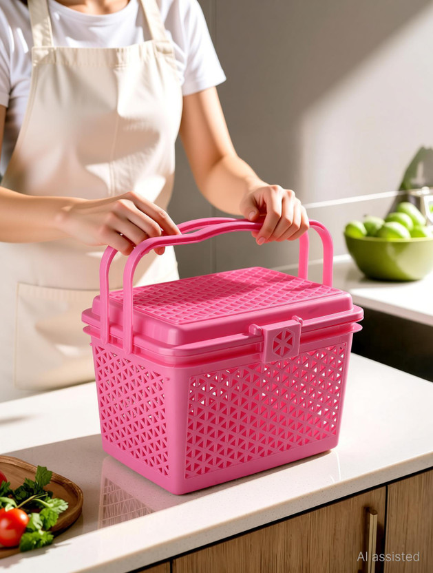 HOMESTIC HOMESTIC Plastic Plastic Multipurpose Trendy Shopping Small Basket with Lid (Pink) Storage Basket(Pack of 1) - Flipkart Deal
