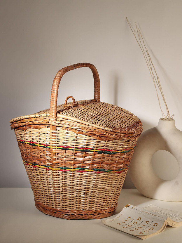 habereindia Bamboo Vintage Wicker Picnic Basket for Food Storage, Outdoor Dining & Travel Storage Basket(Pack of 1)
