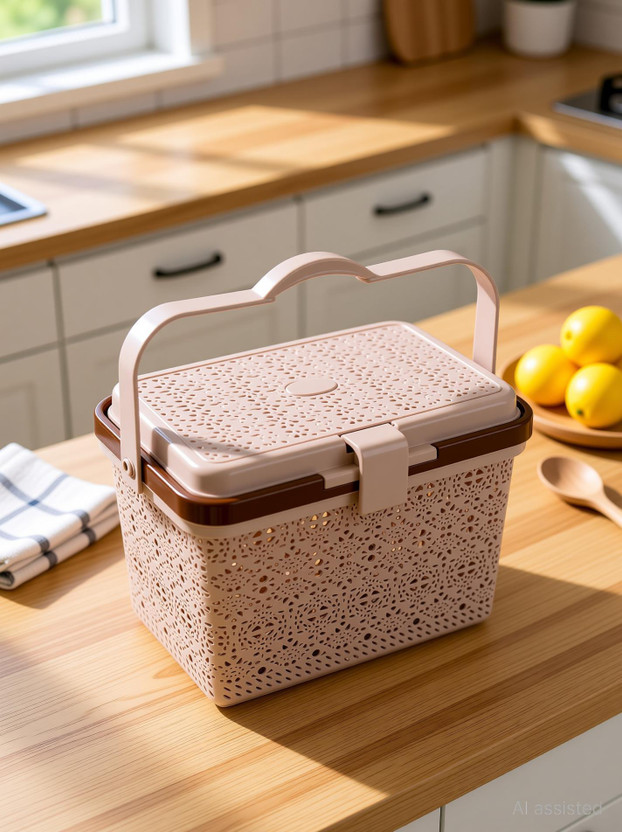 NAYASA Plastic Flower Picnic Basket with lid | Plastic Shopping Storage Basket | Storage Basket(Pack of 1)