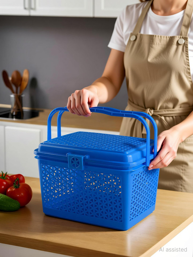 HOMESTIC HOMESTIC Plastic Multipurpose Trendy Shopping Small Basket with Lid, Blue Storage Basket(Pack of 1) - Flipkart Deal