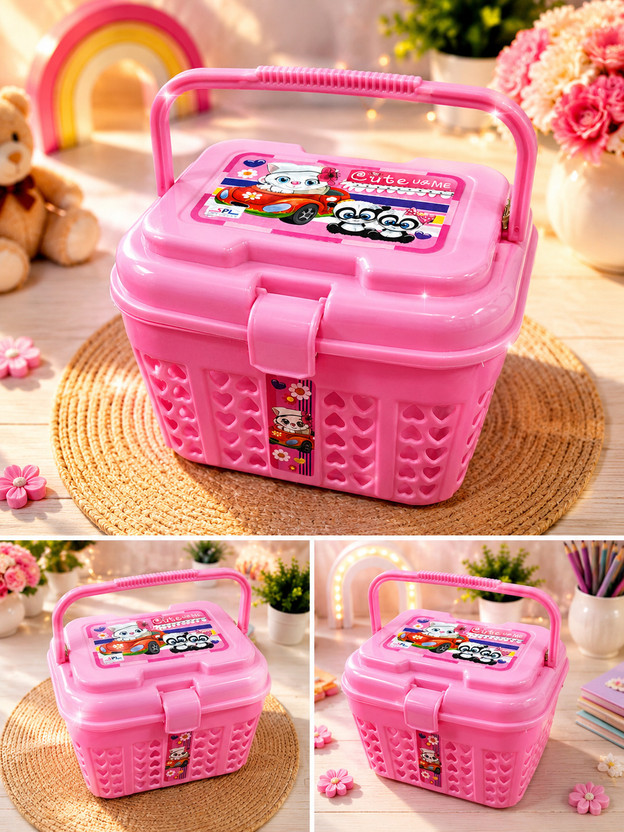Eos Plastic Multipurpose Kids’ Pink Cute Cartoon Toy Organizer & Picnic Box for Girls Storage Basket(Pack of 1)