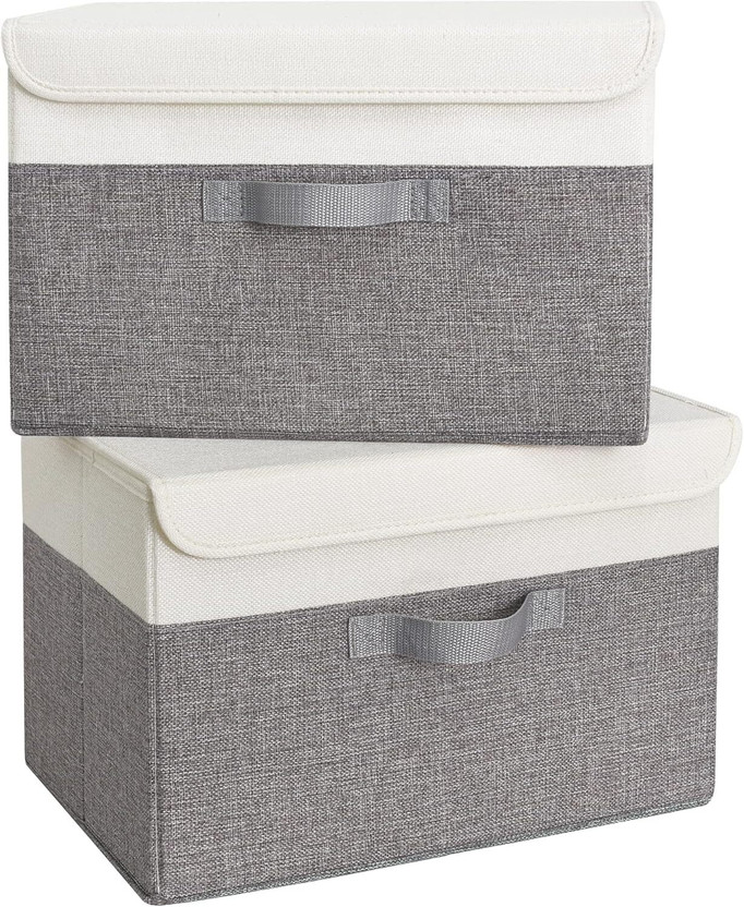Innaugural Foldable Storage Box with Lid & Handle Closet Organizer Storage Box(Grey, White)