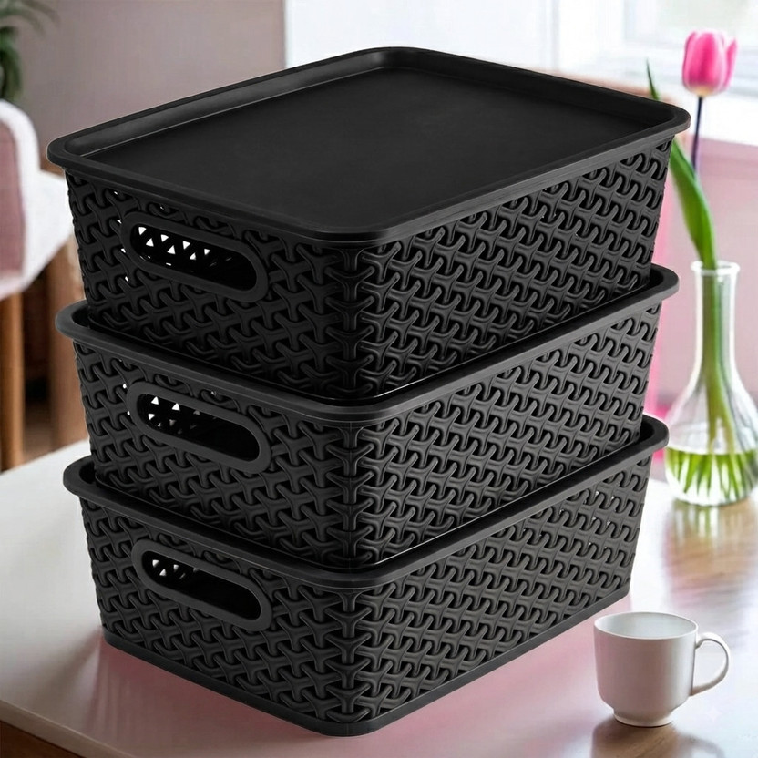 CHITRAKUT Plastic Storage Basket Set of 3 with Lid Multipurpose Home Organizer Box Storage Box(Black)