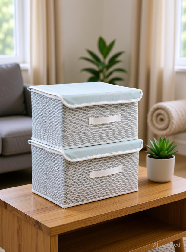 Mteaser Foldable Storage Box/Drawer with Lid & Handle Closet Organizer| 2Pcs Storage Box(Grey)