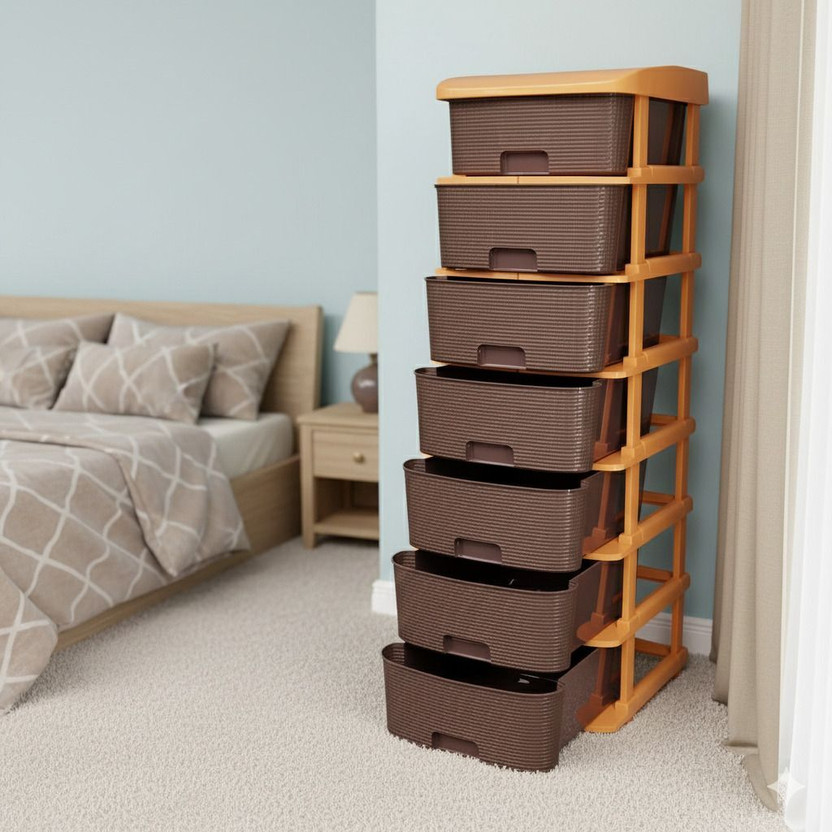 Surety for Safety 7 Layer Brown Nakoda Heavy-Duty Modular Drawer Cabinet for Bedroom Storage Storage Box(Brown)