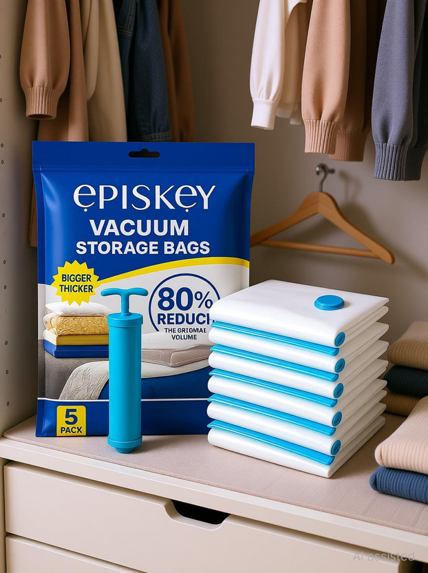 Episkey Vacuum Bags for Packing Clothes Space Saver Travel Reusable Bags With Hand Pump Travel Storage Vacuum Bags, High Volume Storage Vacuum Bags(Pack of 5)