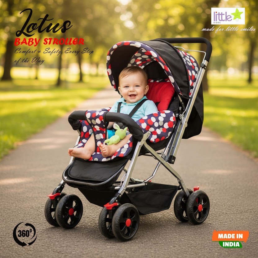 LITTLE RIDES Explorer Baby Stroller New Born/Kids, with Safety Belt, 360 Swivel Wheel Stroller(Multi, Red, Black)