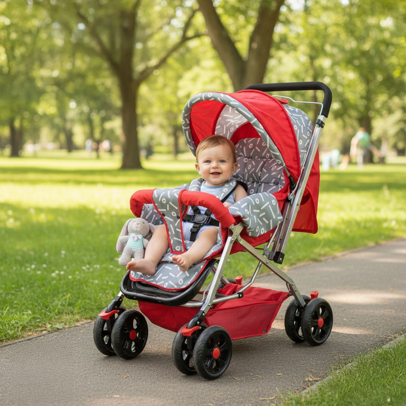 LITTLE RIDES Explorer Baby Stroller New Born/Kids, with Safety Belt, 360 Swivel Wheel Stroller(Multi, Red)