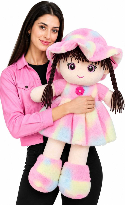 PLushberry Soft Doll for Kids 60 cm | Cute Plush Girl Doll with Hat & Dress |Stuffed Toy  - 55 cm(Rainbow Pink)