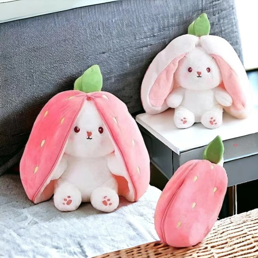 R C TRADERS Cute Rabbit Plush Toy - Stuffed Strawberry Bunn  - 26 cm(pink & White)