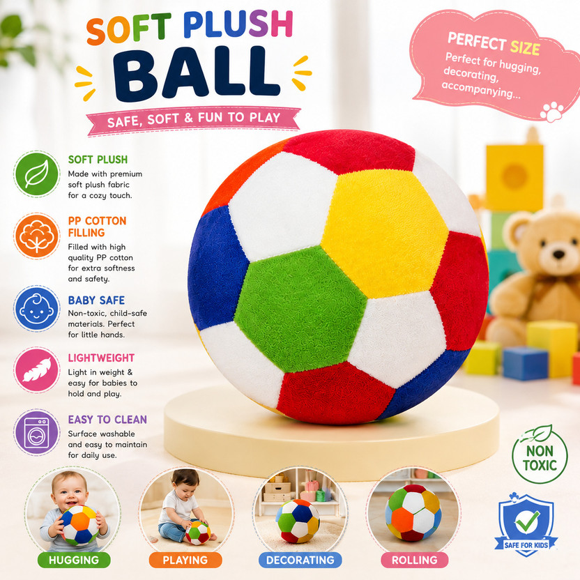 FUN KIDS Soft Rattle Ball for Kids (20cm) | Premium Plush Sound Toy for Baby Playtime  - 20 cm(Multicolor)