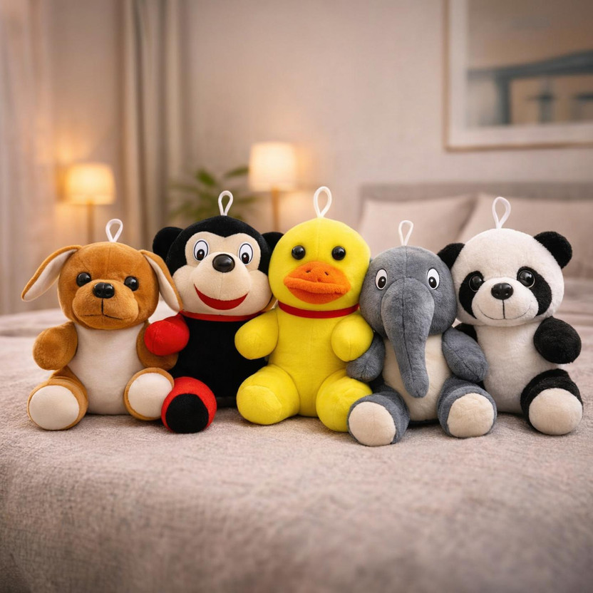 SinglaToys Exclusive Super Soft Combo Of 5 Soft toys For kids for Playing & Room Decoration  - 7 inch(Brown, Red, Yellow, Grey, Black)