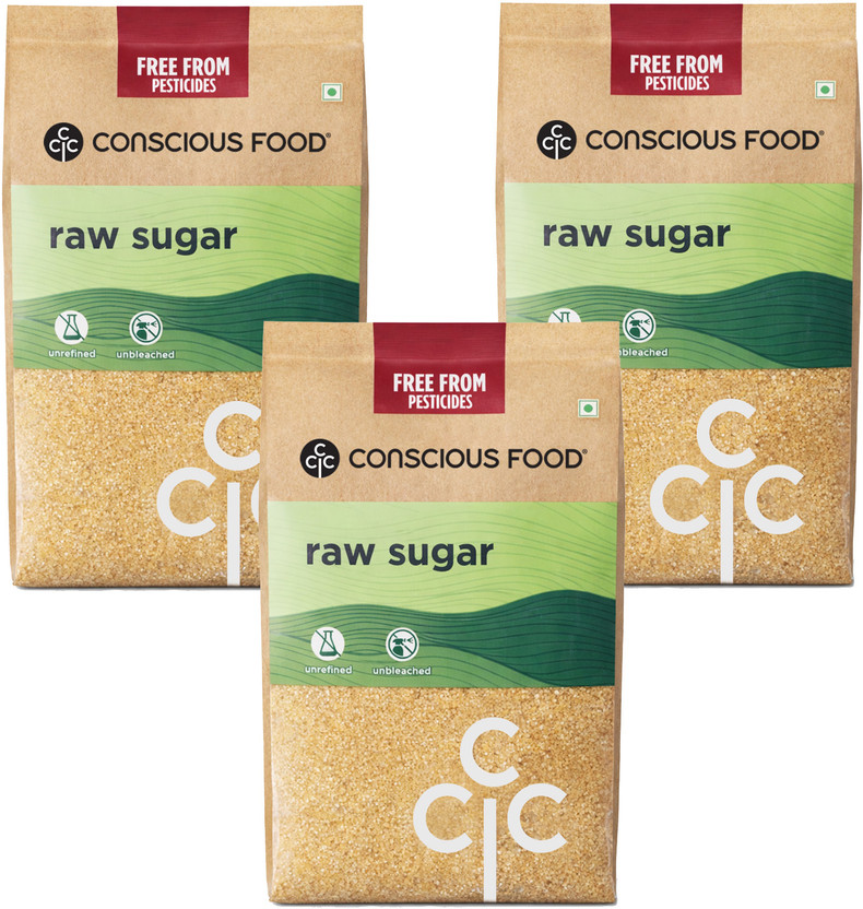 Conscious Food Natural Raw Sugar 3kg - Pack of 1kg x 3 | Unprocessed Raw Sugar, Desi Khand Brown Sugar(3 kg, Pack of 3)