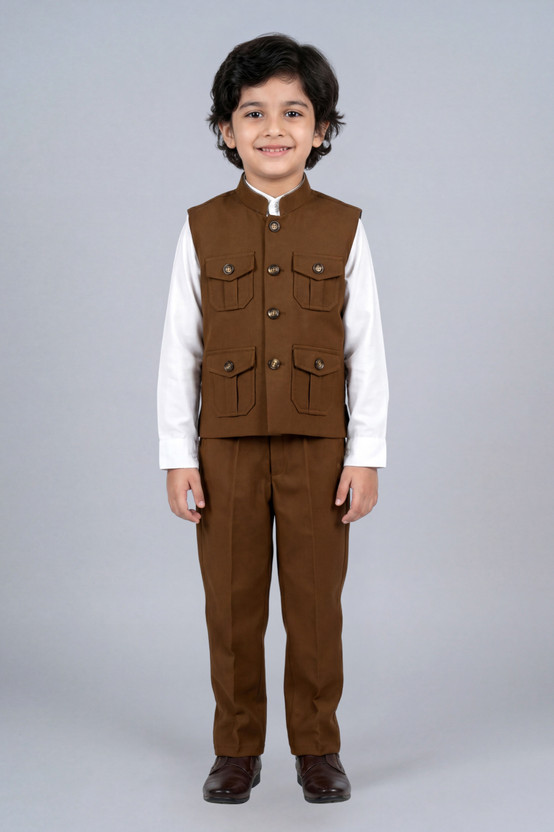 BT DEZINES 3 Piece Waistcoat Set with Classic Flap Pockets Solid Boys Suit