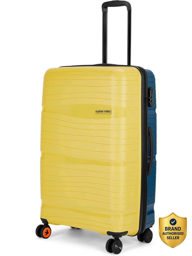 NASHER NASHER MILES Nicobar Hard-Sided Polypropylene Check-in Luggage Yellow and Navy Blue 28 inch |75cm Trolley Bag Check-in Suitcase 8 Wheels - 28 inch - Flipkart Deal