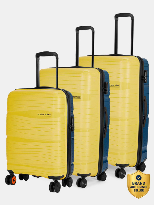 NASHER MILES Nicobar Hard-Sided Dual Tone Luggage Set of 3 YellowandNavyBlue(55, 65 & 75 cm) Check-in Suitcase 8 Wheels - 28 inch