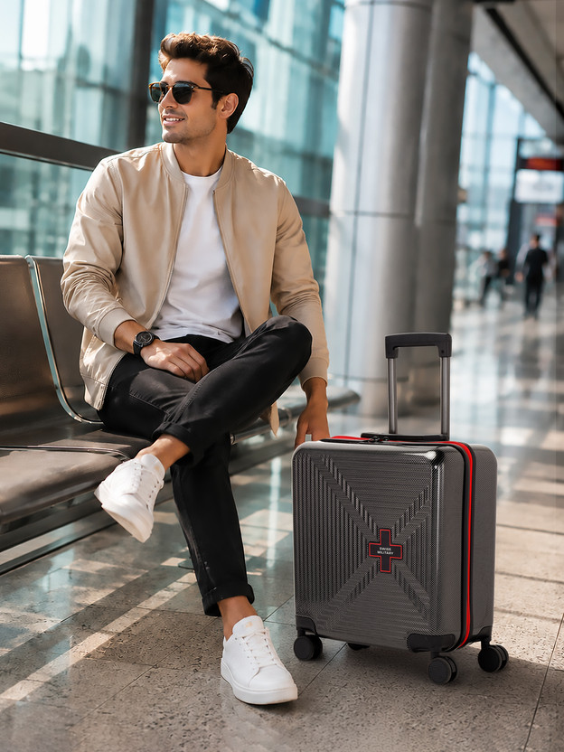 SWISS MILITARY Hard Top Carbon Grey Laptop Trolley Bag Overnighter & Briefcase 8 Wheels - 18 inch