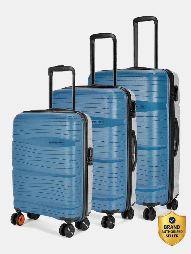 NASHER MILES Nicobar Hard-Sided Dual Tone Set of 3 Blue and Grey (55, 65 & 75 cm) Check-in Suitcase 8 Wheels - 28 inch