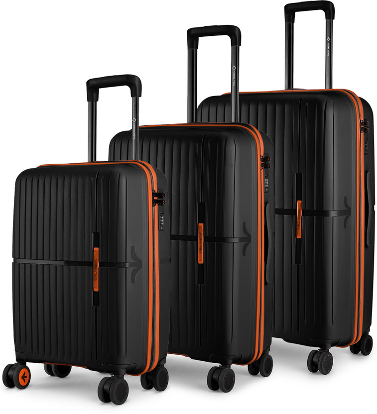 NASHER MILES HardSide Polypropylene Luggage of 3 Black TrolleyBag(55,65&75cm) Cabin & Check-in Set 8 Wheels - 28 inch