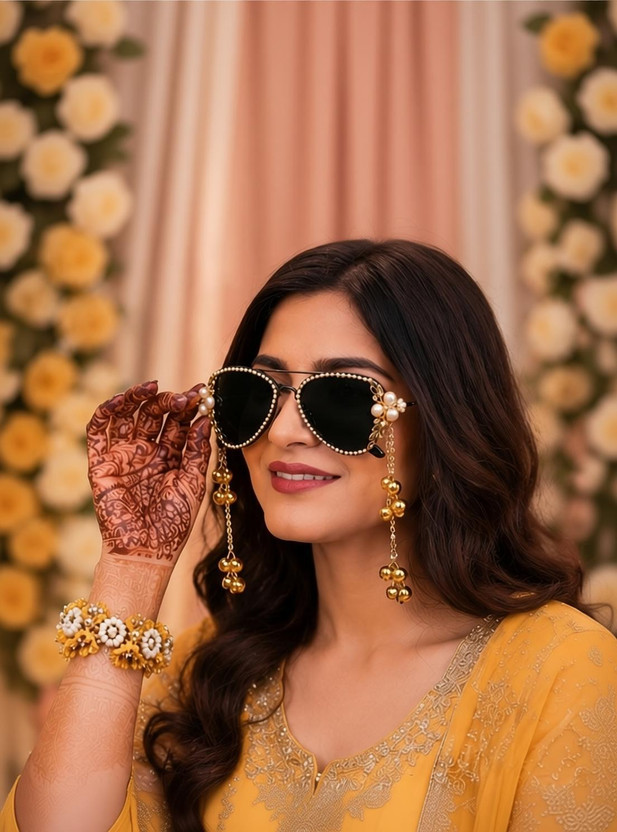 Radha ji Shringar Over-sized, Aviator, Oval Sunglasses(For Women, Black)