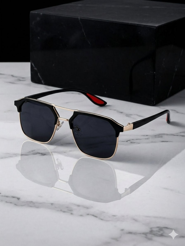 Vizor Rectangular, Retro Square Sunglasses(For Men, Black)