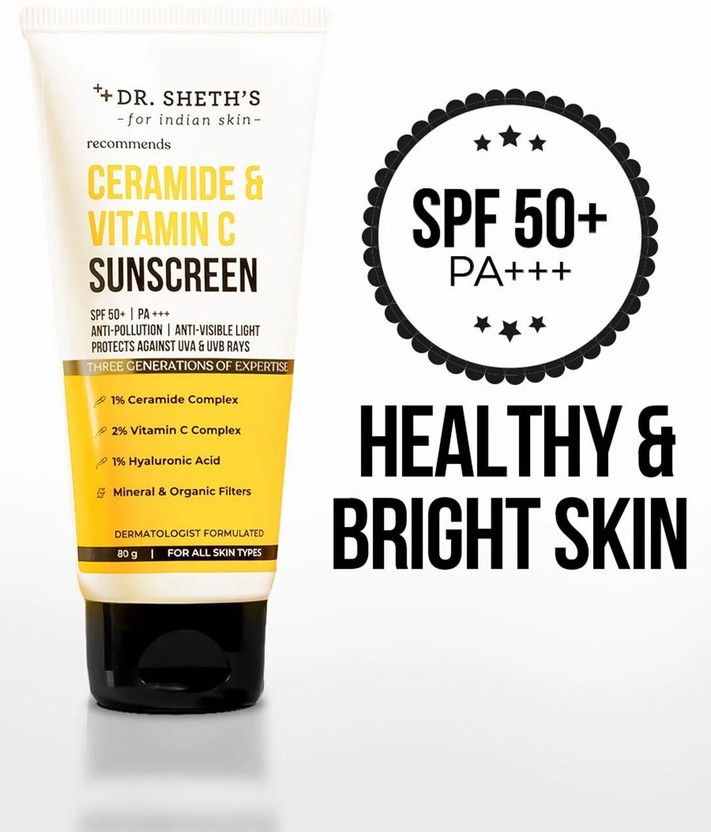 Dr. Sheth’s Sunscreen - SPF 50 PA++++ Ceramide & Vitamin C|SPF 50+ Pa+++| All Skin Types(80 g)