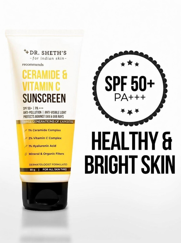 Dr. Sheth’s Sunscreen - SPF 50 PA++++ Ceramide & Vitamin C|SPF 50+ Pa+++| All Skin Types(80 g)