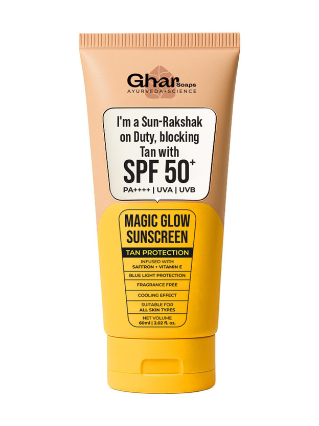 Ghar Soaps Sunscreen - SPF 50 PA++ Magic Glow Sunscreen, SPF 50+ UVA/UVB Protection, Saffron & Vitamin E, 60ml(60 g)