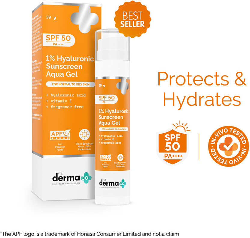 The Derma Co Sunscreen - SPF 50 PA++++ 1% Hyaluronic Sunscreen Aqua Ultra Light Gel with SPF 50 PA++++ For Broad Spectrum, UV A, UV B & Blue Light Protection(50 g)