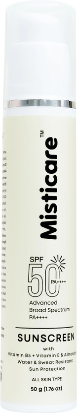 MISTICARE MISTICARE Sunscreen - SPF 50 PA++++ Sunscreen SPF 50 PA++++ with Vitamin B5, Vitamin E & Almond Oil | No White Cast(50 g) - Flipkart Deal