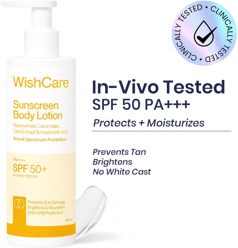 WishCare Sunscreen - SPF 50 PA++++ Sunscreen Body Lotion|In-Vivo Tested|For Women & Men|No White Cast(200 ml)