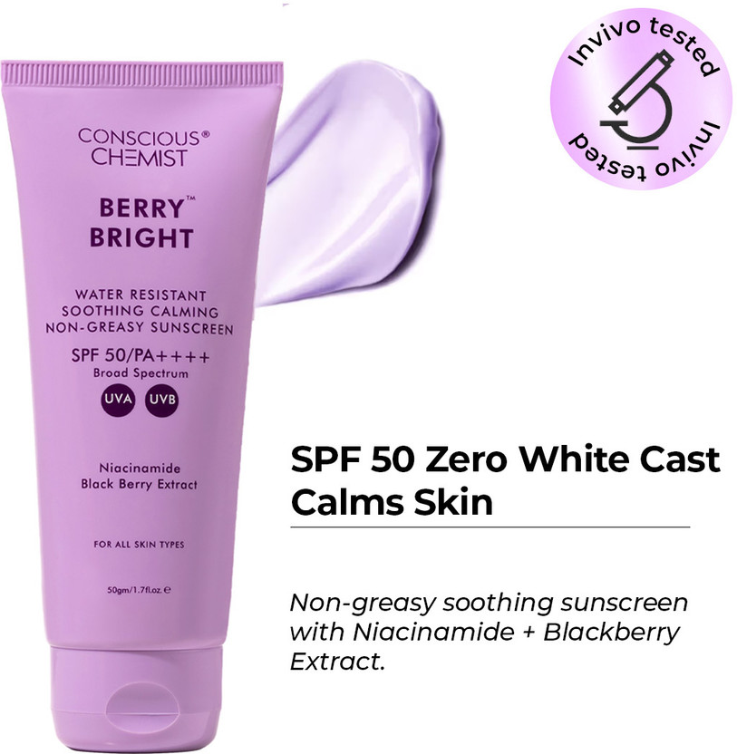 Conscious Chemist Sunscreen - SPF 50 PA++++ Niacinamide Sunscreen SPF 50 PA++++ | Blueberry, Water-Resistant, No White Cast(50 g)