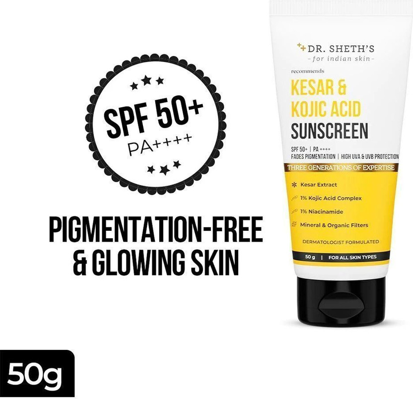 Dr. Dr. Sheth’s Sunscreen - SPF 50 PA++++ Kesar & Kojic Acid Sunscreen SPF 50+ For Pigmentation-free Skin(50 g) - Flipkart Deal