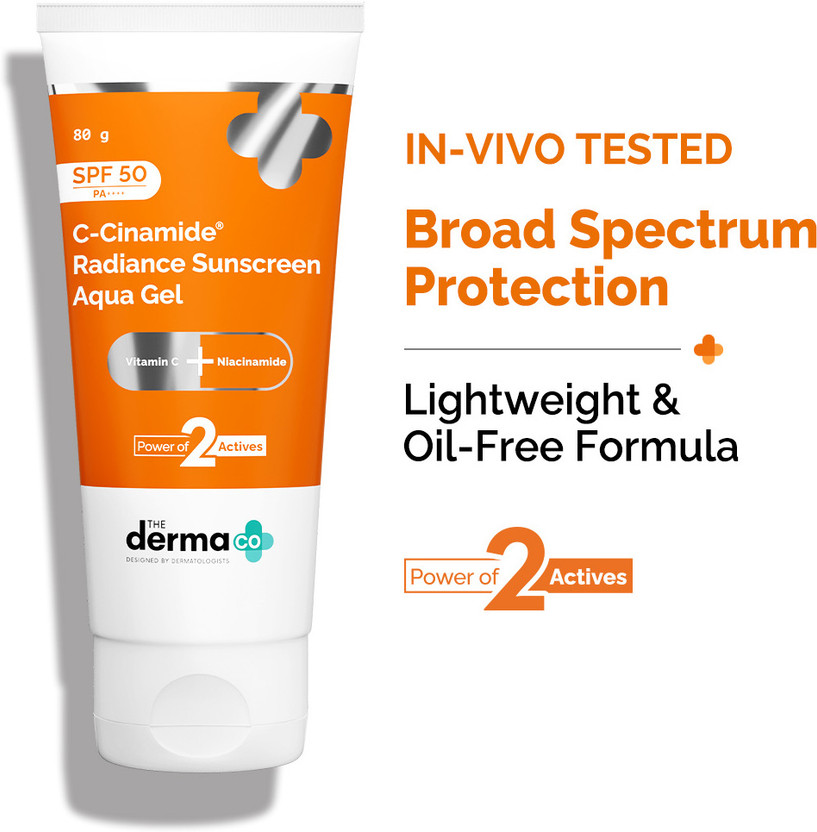 The Derma Co Sunscreen - SPF 50 PA++++ C-Cinamide Sunscreen Aqua Gel, with Vitamin C & Niacinamide, No White Cast(80 g)