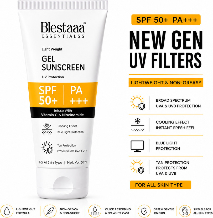 blestaaa essentialss Sunscreen - SPF 50 PA+++ Gel Sunscreen | Daily Sun Care with Lightweight Gel Texture(50 ml)