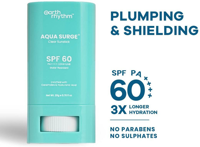 Earth Rhythm Sunscreen - SPF 60 PA+++ Aqua Surge Sunscreen Stick with Hyaluronic Acid & Ceramides for Dry, Normal Skin(20 g)