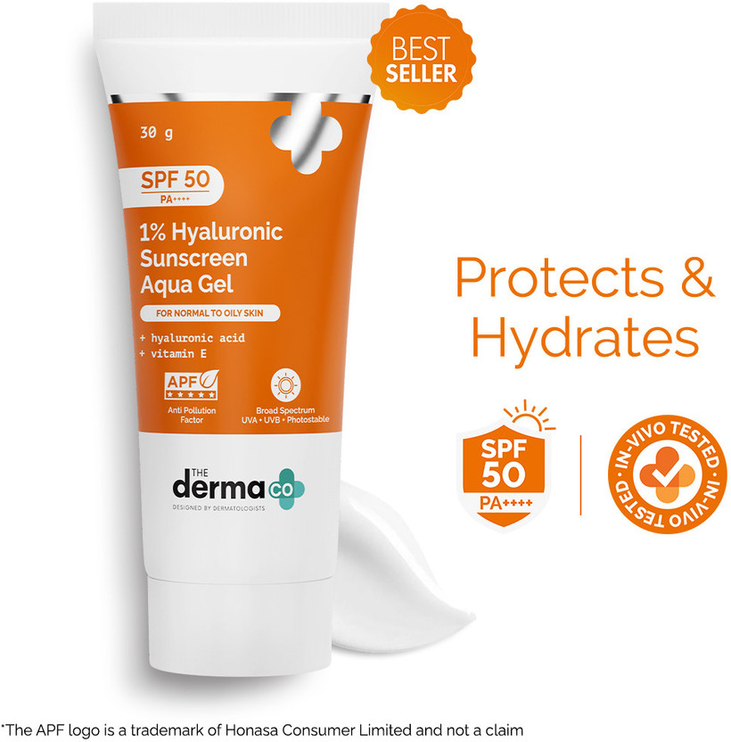 The Derma Co Sunscreen - SPF 50 PA++++ 1% Hyaluronic Aqua Gel- Lightweight, No white-cast for Broad Spectrum(30 g)