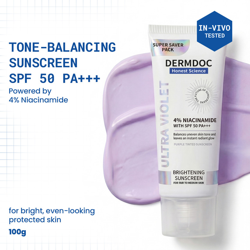 DermDoc Sunscreen - SPF 50 PA+++ Ultra Violet Purple Brightening Sunscreen with 4% Niacinamide(100 g)