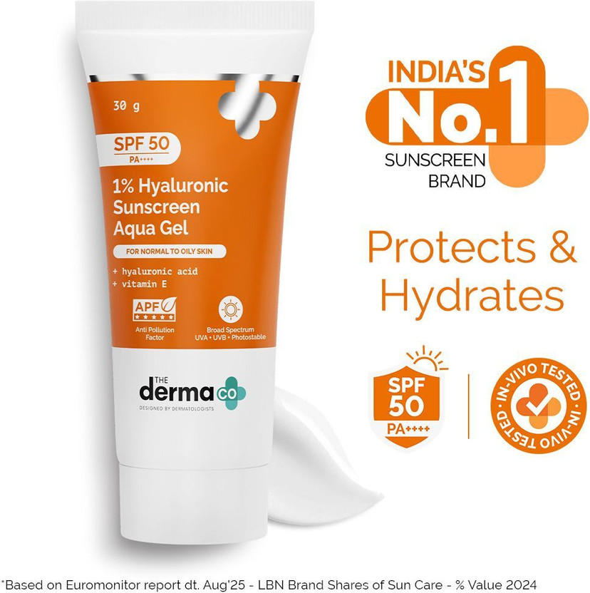 The Derma Co Sunscreen - SPF 50 PA++++ 1% Hyaluronic Aqua Gel- Lightweight, No white-cast for Broad Spectrum(30 g)