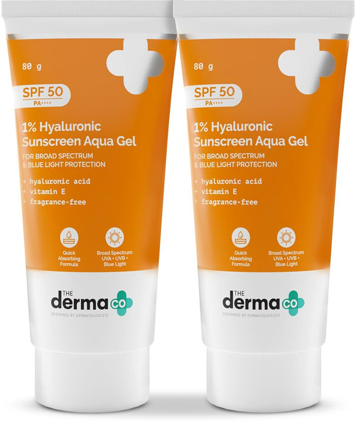 The Derma Co Sunscreen - SPF 50 PA++++ Aqua Ultra Light Gel 1% Hyaluronic acid No white-cast,Non-Sticky-All Skin Types(160 g)