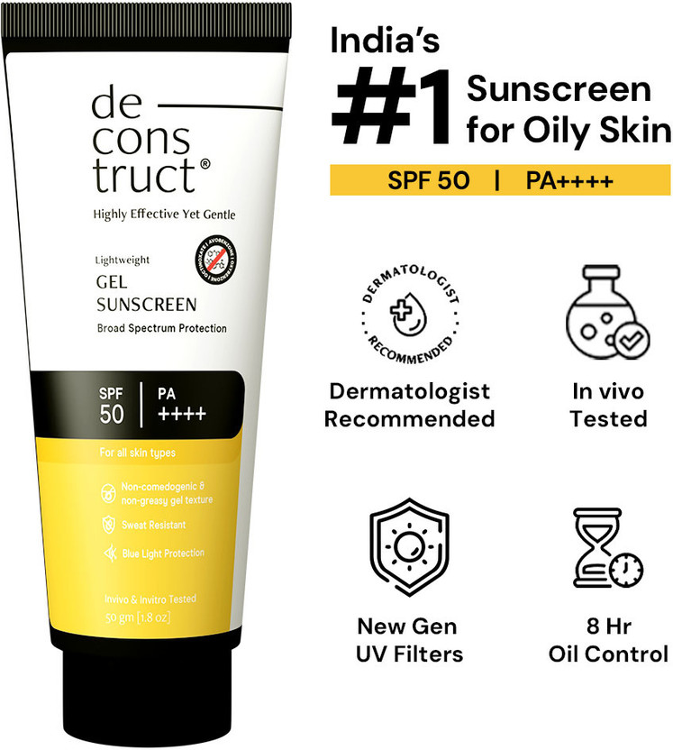 deconstruct Sunscreen - SPF 50 PA++++ | Lightweight Gel Sunscreen |In-Vivo Tested | Non Greasy | For Men & Women |(50 g)