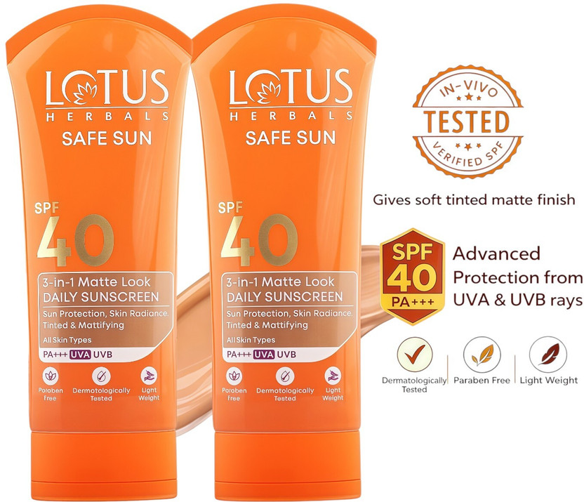 LOTUS HERBALS Sunscreen - SPF 40 PA+++ SafeSun 3in1 Matte look daily Tinted sunscreen|SPF 40 PA+++|BB glow(150 g)