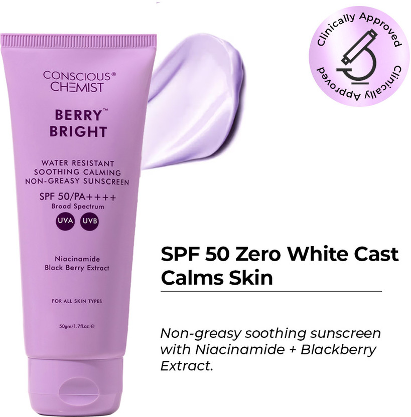 Conscious Chemist Sunscreen - SPF 50 PA++++ Niacinamide Sunscreen SPF 50 PA++++ | Blueberry, Water-Resistant, No White Cast(50 g)