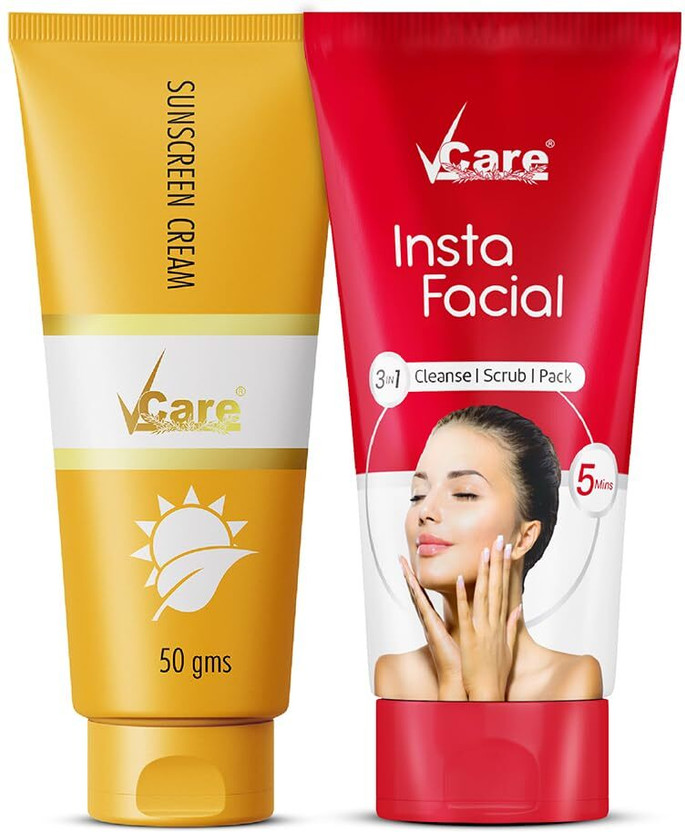 Vcare Vcare Sunscreen - SPF 30 Insta Facial 50g with Sunscreen SPF 30+(50g) | Glow & Sun Care Combo(50 g) - Flipkart Deal