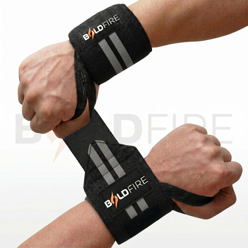 BoldFire Wrist Supporter for Gym with Adjustable Strap & Thumb Loop Cotton Wrist Support Wrist Support(Black, Grey)